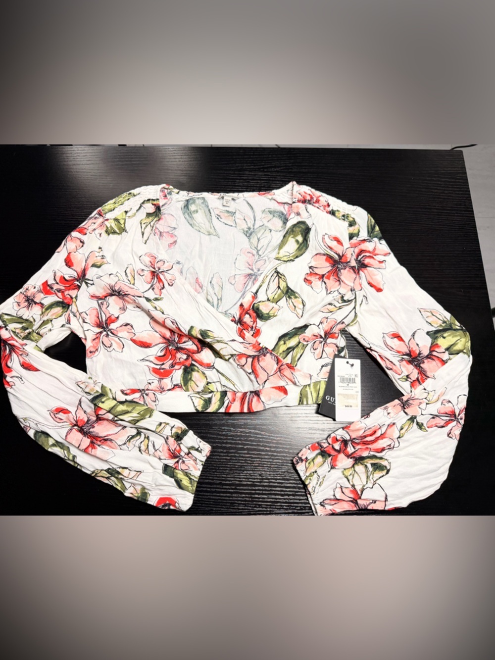 G by GUESS White Off-Shoulder Floral Crop Top with Pink and Green Print